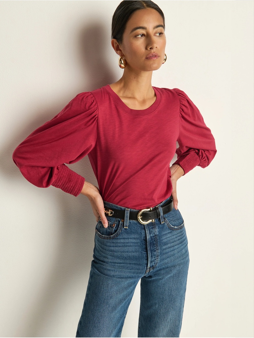 Nation LTD Loren Tee Sangria Pima Cotton Puff Sleeve Top S